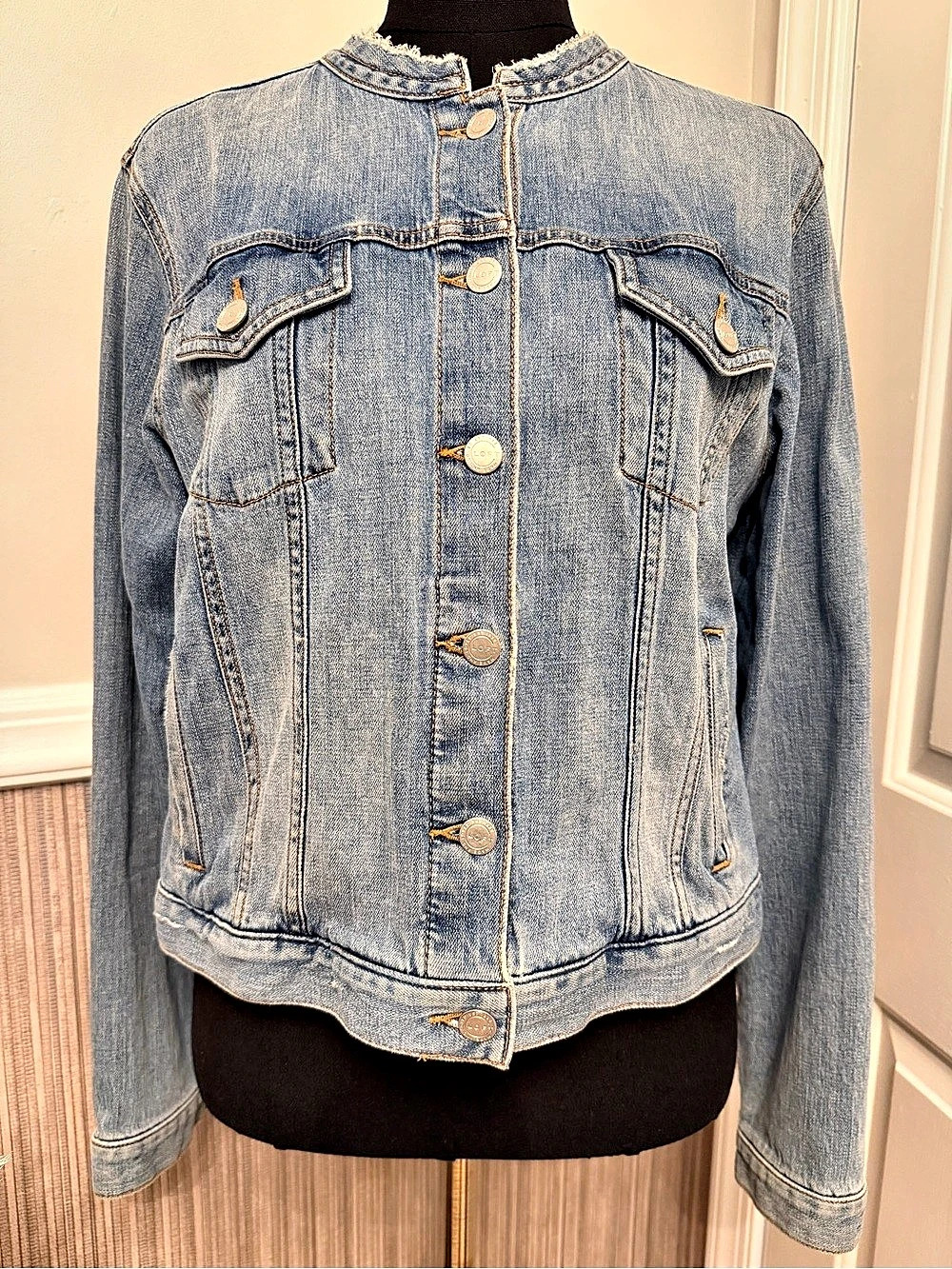 LOFT Collarless Denim Jacket Raw Edge Light Wash Size Large